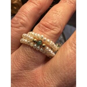 Freshwater Pearl Wrap Ring Multi Strand Stackable Green Stone Adjustable Boho